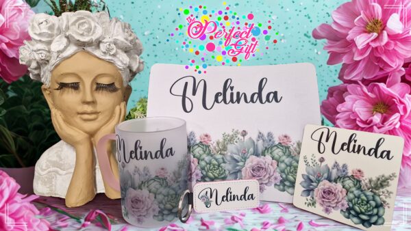 Personalised mug, board, coaster and keyring gift set